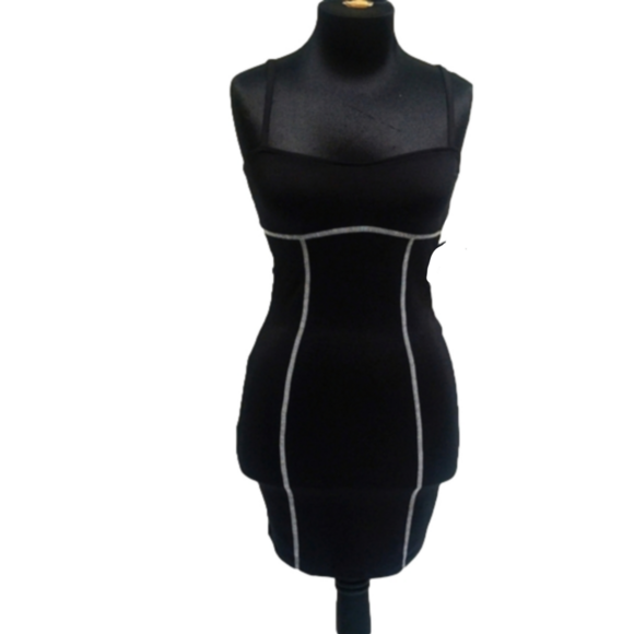 Black Spaghetti Strap Women's Mini Cocktail Dress White Stitching Bodycon Party - Picture 2 of 6